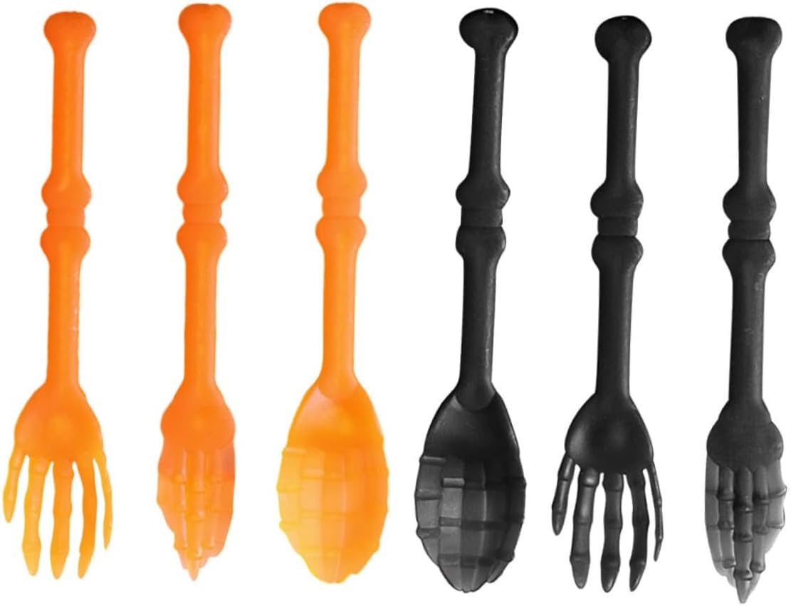 6pcs Halloween Party Supplies Creative Plastic Forks Spoons Orange Black Fun Tableware for Kitchen Dining Bar Unique Bone Design for Boys and Girls Celebrations