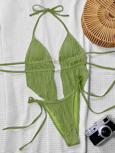 Image of RoseSeek Women's 2 Piece Boho Polka Dots Beaded Bikini Sets Sexy Swimsuits | Halter Swimsuits, Backless, Textured, Tie Side, Tankini Set, Bathing Suits, Summer, Vacation