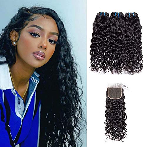 Peruvian Water Wave 3 Bundles with Closure 4x4 Free Part Lace Frontal Human Hair Bundles Curly Hair Extensions Natural Color (14 16 18 with 12)