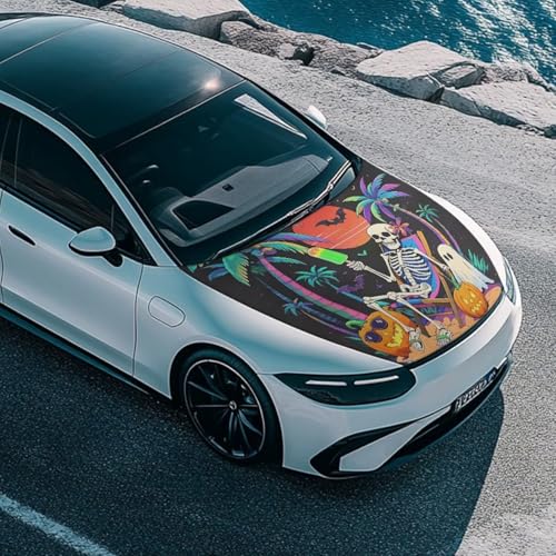 Image of Halloween Decor Car Hood Cover, Halloween Hawaii Vacation Skeleton Washable Elastic Auto Hood Protector, Funny Ghost Pumpkin Beach Skull Car Bonnet All-Season Protection