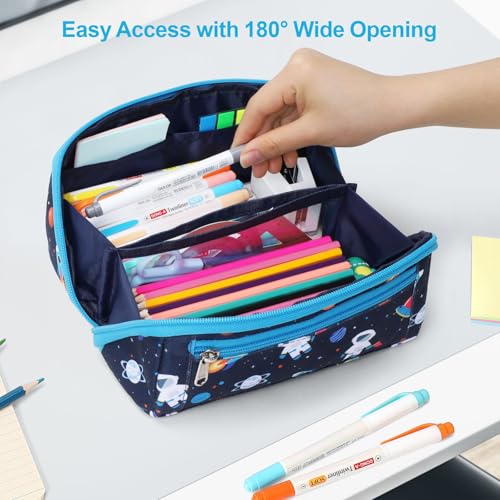 Image of Large Pencil Case for Boys, Durable Pencil Pouch for School, Wide Opening Soft Bag with Handle, Fits 50 Pens & Markers (Dark Blue Space Astronaut)
