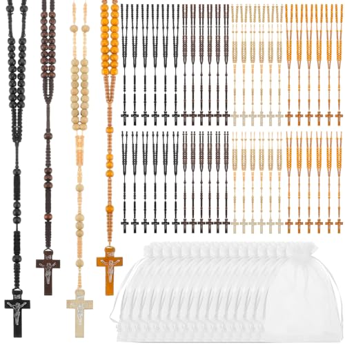 Tenceur 48 Pcs Wooden Rosary Bead Necklace Wood Catholic Carved Beads with Jesus Cross First Communion Rosary Bulk with Organza Bags Baptism Favors Catholic Gift for Men Women(Multicolor)