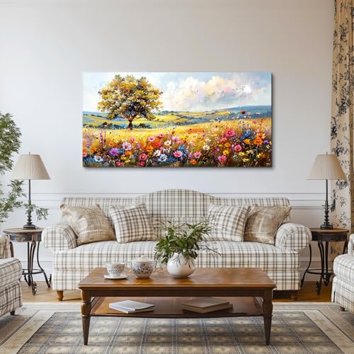 SERIMINO Rustic Landscape Large Wall Art, Tree Flower Sea Canvas Painting, Nature Country Scenery Art Prints, Bright Cottagecore Wall Pictures for Living Room Dining Room, Farmhouse Decor 30X60 Inch