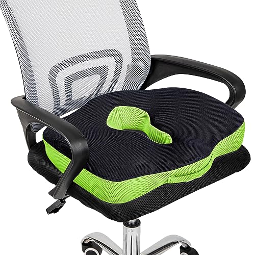 Sleepsia Orthopedic Coccyx Seat Cushion/Pillow with Memory Foam for Sciatica, Tailbone and Back Pain Relief (Black/Green)