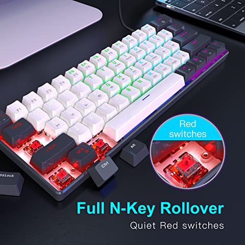 Image of Portable 60 Percent Keyboard, Compact 61 Keys Mini Mechanical Keyboard for PC /Mac Gamer Switchable Colorful Backlit - Red Switch - Black+White