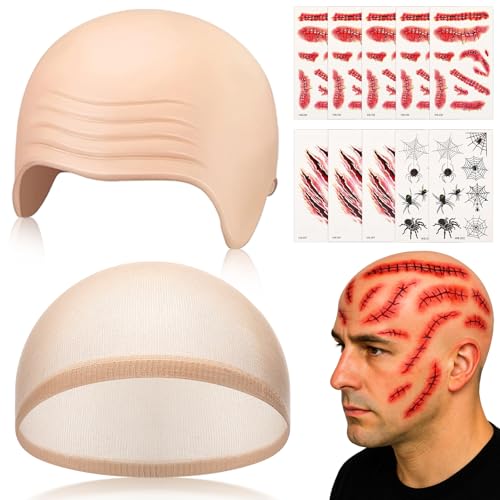 Suncalla 12 Pcs Halloween Scary Bald Cap Special Effects Latex Makeup Bald Wig Cap with 10 Sheets Fake Blood Tattoos for Cosplay Costume