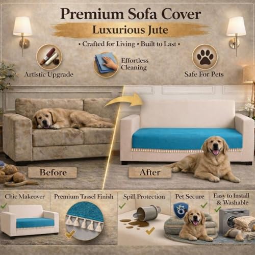 Image of STITCHNEST Jute Sofa Cover - Blue, 70x30 Inch | Soft Textured Fabric with Tassel| Sofa for Living Room Decor