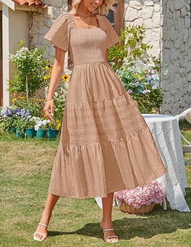 MEROKEETY Women's 2026 Summer Flowy Midi Maxi Dress Short Sleeve Square Neck Smocked Tiered Ruffle Boho Dresses with Pockets, Khaki, S — view 2