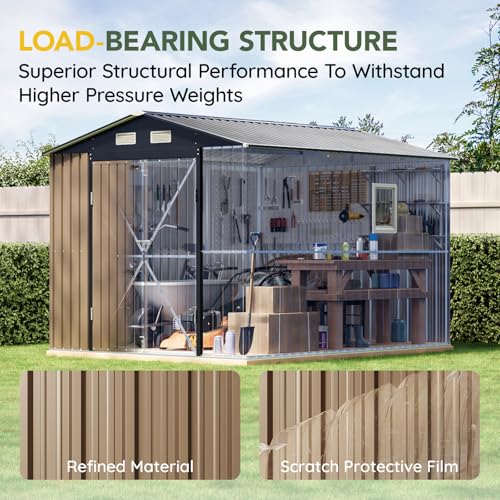 Image of Breezz 10X8FT Outdoor Steel Storage Shed with Clear Window, Lockable Doors, Weather-Resistant Metal Tool Shed for Garden, Backyard, Patio, and Utility Storage Brown