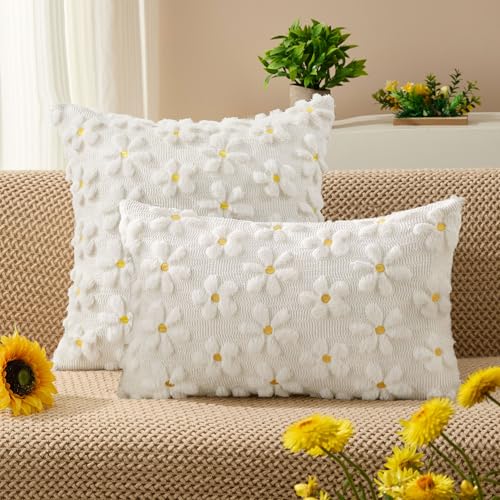 Image of DFXSZ Spring Summer Pillow Covers 12x20 inch Set of 2 White Daisy