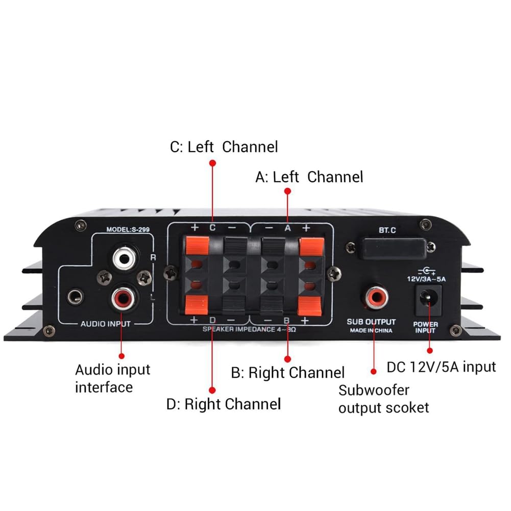 S-299 Mini Amplificateur de Puissance Audio StéRéO 4.1 BT Portable pour Voiture et Maison Double Usage 4 X 40 W Amplificateur Audio à Distance Prise UE