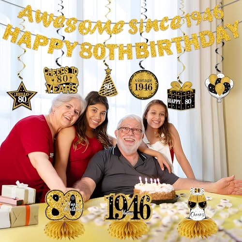 Image of Kuxriox 11Pcs 80th Birthday Decorations Kit for Men Women, Black Gold Happy 80th Birthday Banner, Awesome Since 1946 Centerpieces Swirls Party Supplies, Eighty Bday Banner Ceiling Table Topper Sign