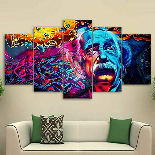 Cuadro Albert Einstein Psychedelic 5 Piezas Xxl Impresiones En Lienzo 5 Piezas Cuadro Moderno En Lienzo Decoración Para El Arte De La Pared Del Hogar 150×80 Cm Hd Impreso Mural (Enmarcado)