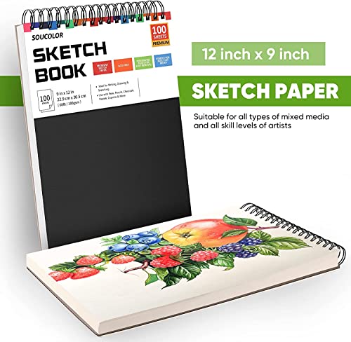 Image of Soucolor 2-Pack 9 inch x 12 inch Sketch Book, Spiral Bound for Kids Adults Artists | 200 Sheets 68lb /100gsm Paper Professional Drawing Supplies for Sketch, Charcoal, Colored, Graphite, Pastel Pencils & Sticks