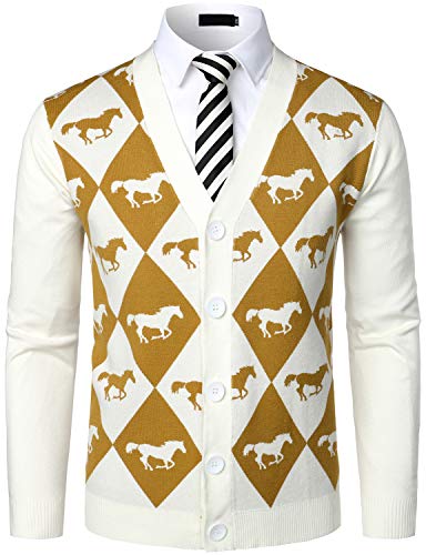 VATPAVE Mens V-Neck Pattened Cardigan Sweater Button Down Slim Fit Knitted Sweater Large White S0002