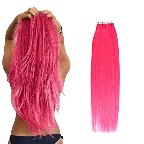 PolestarHair Tape In Human Hair Extensions 20pcs Seamless Silky Straight Weft Remy Virgin Hair(16inches, Pink)
