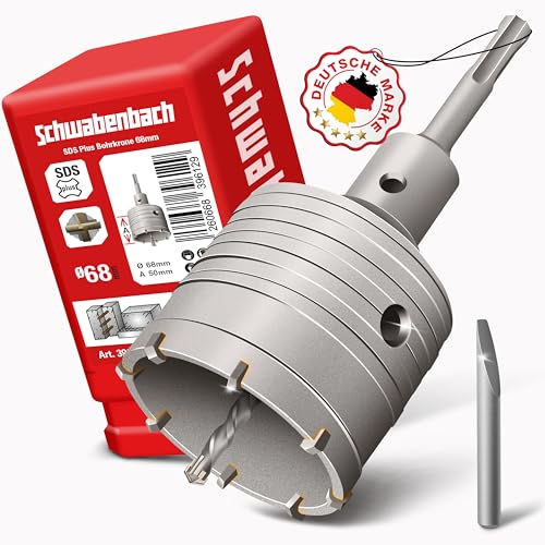SCHWABENBACH® Scie Cloche Béton SDS Plus Ø68 mm – Scie Cloche 68mm avec Foret de Centrage – Trépan Béton M22 en Acier CR40 avec Dents en Carbure –...