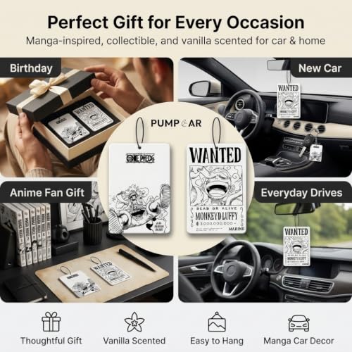 Image of PumpCar 2 pieces Luffy double-sided hanging Japanese anime vanilla-scented One Piece car air freshener Cool anime hanging air fresheners for rearview mirror Car Interior Accessories Household Gifts