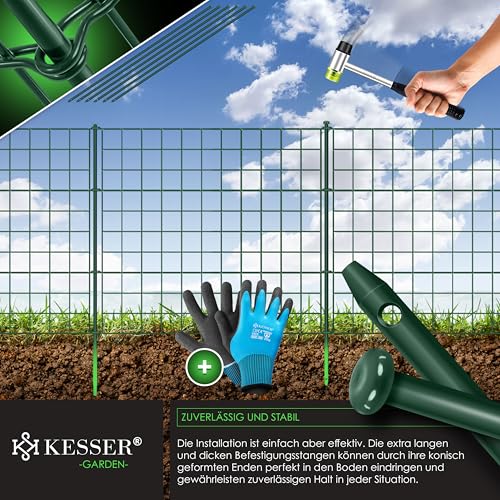 KESSER® Teichzaun Gartenzaun Steckzaun Komplettset Metall 10x Gerade Inkl. Handschuhe, 2x Hammer + 12 Befestigungsstäben, Zaun zum stecken für Garten, Gitterzaun Set Freigehege für Tiere