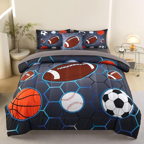 Image of 6 Pcs Sports Bedding Set for Boys Twin Comforter Set, Soccer Basketball Baseball Football Boys Bedding Sets with Sheets