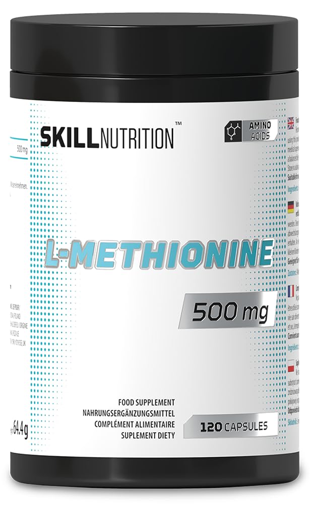 SKILL Nutrition L-Metionina 500 mg | 120 kapsułek wegańskich | Aminokwas siarkowy, wsparcie syntezy białek | Bez cukru, tłuszczu, halal i kosher | Suplement diety