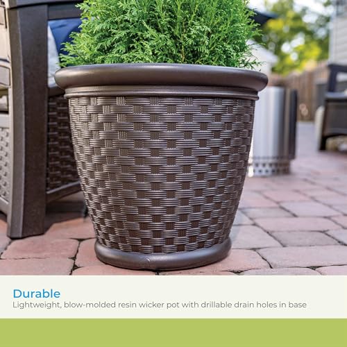 Image of Suncast Sonora 22 Inch Plastic Wicker Indoor or Outdoor Decorative Garden Flower Planter for Entryways, Porch, and Backyard Patios, Dark Brown