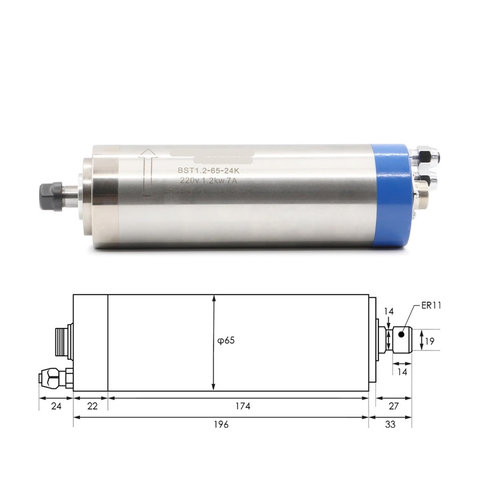 Motore raffreddato ad acqua ER11 da 1,2 kW, 220 V, D=65 mm, 400 Hz, 4 cuscinetti, macchina CNC for lavorazione del legno, 65 * 196 mm