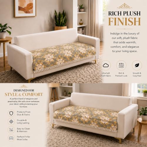 Image of Homerz Premium Printed Quilted Velvet Sofa Slip Cover Protector with Tassels, Sofa Mat, Exact Size, Antislip Cover (Antique Garden, 2 Seater, Half)