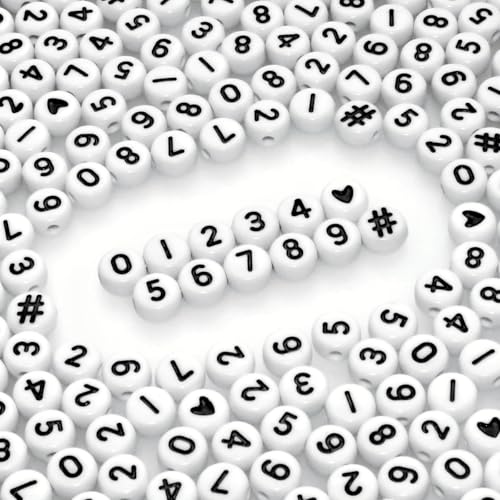 Amaney 500pcs Number Beads 7x4mm 0-9 Heart # White Acrylic Plastic Round Shape Loose Beads