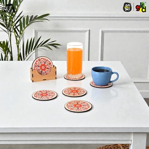 Image of GKD Flower Coasters Wooden Tea & Coffee Coaster Set of 6 with Stand | Heat & Water Resistant Table Coaster for Cups, Mugs & Glasses (Flower Coasters)