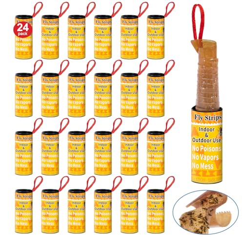 Fly Strips Trap Indoor Sticky Hanging 24 Pack Fly Paper Traps Outdoor Flies Tape Paper Ribbon Rolls for Home Kitchen Fruit & Bug Gnat Catchers for Inside Killer for Winged Insect