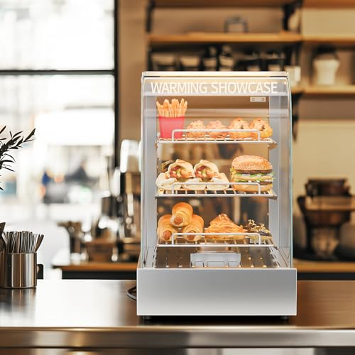 Image of ROVSUN 15 inch Commercial Food Warmer Display Pizza Warmer, 3-Tier Electric Countertop Food Warmer w /LED Lighting Adjustable Removable Shelves Glass Door, Pretzel Warmer for Buffet Restaurant, Silver