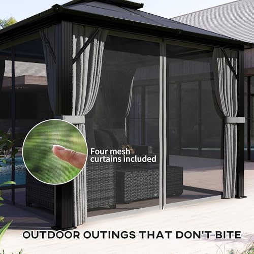 Outsunny 3 X 3(M) Hardtop Gazebo Canopy With UPF30+ Double Polycarbonate Roof, Aluminium Frame Garden Gazebo Permanent Pavilion With Mosquito Netting And Curtains For Patio, Deck, Grey - 6