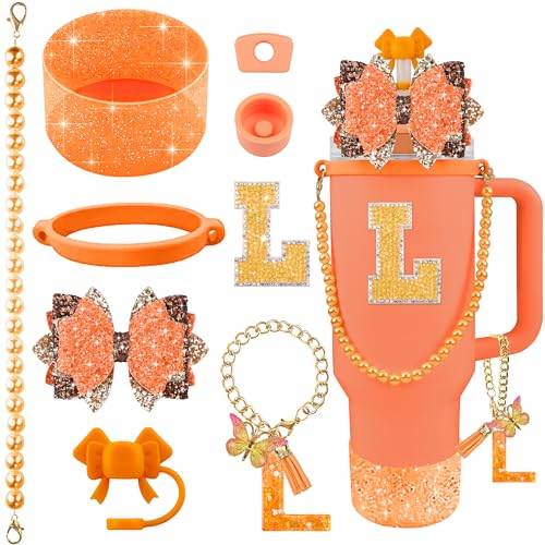 Hpebl 9PCS Orange for Stanley Cup Accessories Set Bling Initials Bow Charms for Stanley Decorations 30/40 Oz Tumbler Accessories Including Bow Straw Topper, Handle Strap, Spill Stopper(Letter L) - image 1