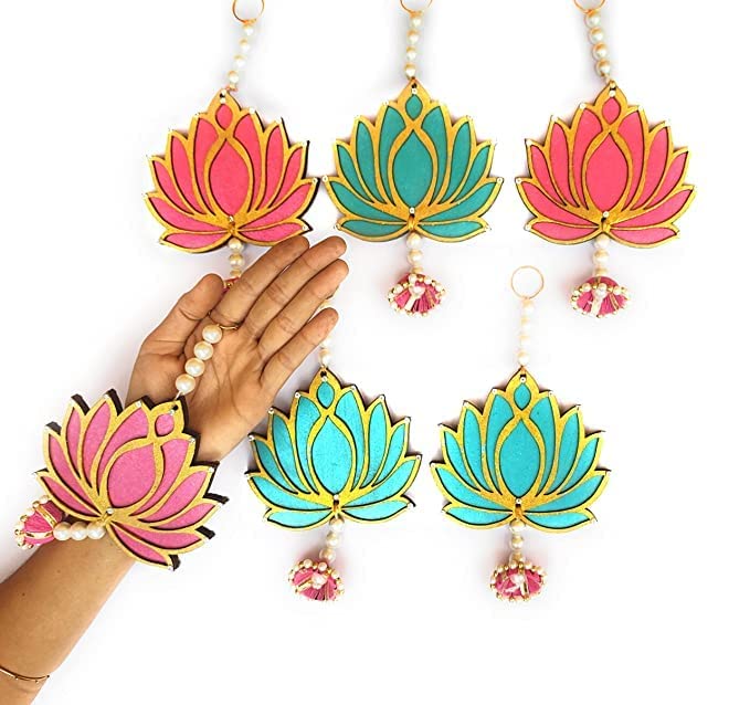 Divya Enterprises Two Sided Hanging Wooden Lotus Cut-Out. Set of 6. Rose Pink and Ocean Blue Colored Handicraft. Decoration for Diwali, Festival Gift, Wedding Decorations. (6)