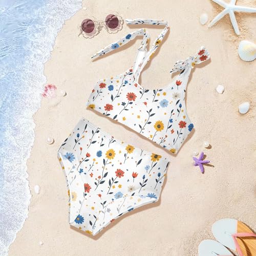 Sunflower Cornflower Birds White Girl Swimsuit High Waisted 2 Piece Swimwear Baby Girls Swimming Suits 3T4