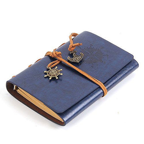 Leather Writing Journal Notebook, EvZ 5 Inches Vintage Nautical Spiral Blank String Diary Notepad Sketchbook Travel to Write in, Unlined Paper, Retro Pendants, Classic Embossed, Dark Blue