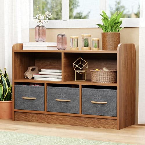 Image of Lukzer MR-025 2-Layer Bookshelf in Oak Brown, Engineered Wood & Fabric Organizer with 5 Sections & 3 Drawers for Home, Office, Kitchen, Corridor & Classroom (90x60x30cm)