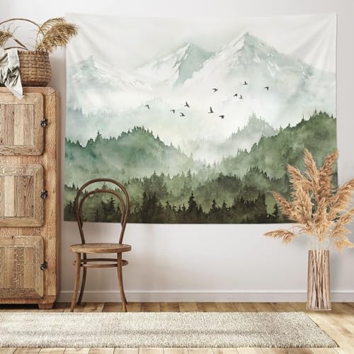 Kampdream Mountain Forest Tapestry, Misty Foggy Sage Green Tree Landscape Watercolor Art Wall Tapestries, Nature Scenery Tapestry For Bedroom Living Room Backdrop 36×48 Inch thumb #1