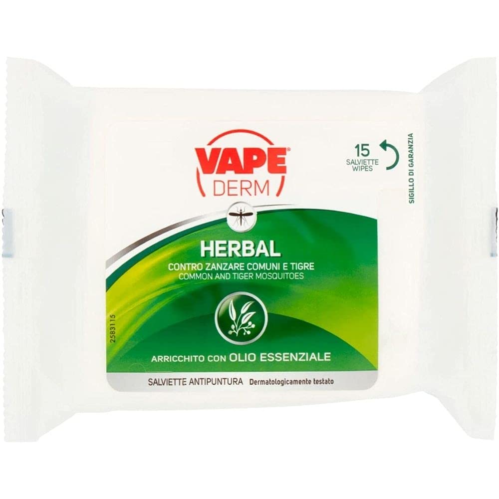 Vape Derm Herbal Antipuntare Zanzare 12 Confezioni da 15 Salviette Olio Essenziale