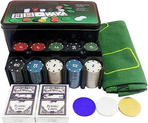 PLAYZOCO Set de Póker, Juego de póker Completo, Juego de Blackjack, Incluye 200 fichas, 2 Barajas de Cartas, botón de repartidor, ciega pequeña, Gran ciega, tapete de Juego, Caja metálica