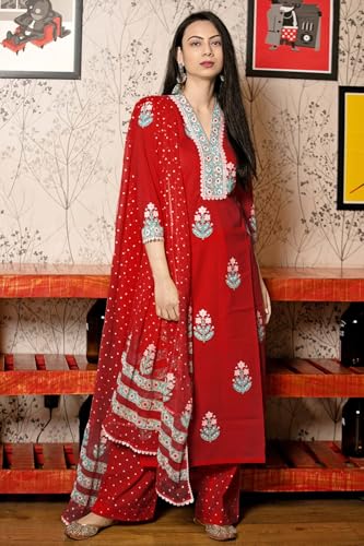 Image of GoSriKi Women's Cotton Blend Straight Hand Block Printed Kurta with Pant & Dupatta | Ethnic Wear for Women | Indian Casual Office Daily Summer Outfit