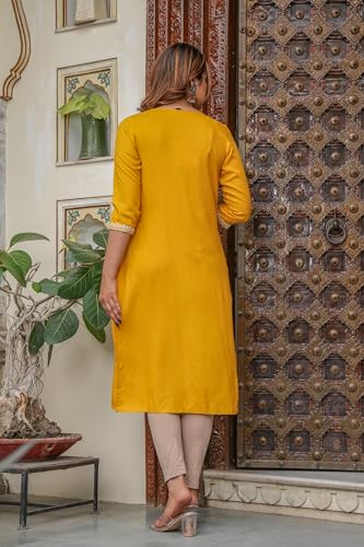 Image of Juniper Mustard Viscose Embroidered Kurta with Thread Work and Sequins