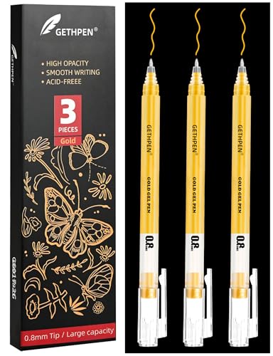 GETHPEN 0.8mm Gold Gel Pens 3-Pack Extra Fine Point Opaque Ink for Black Paper Drawing Sketching Bullet Journaling & Holiday Card Design