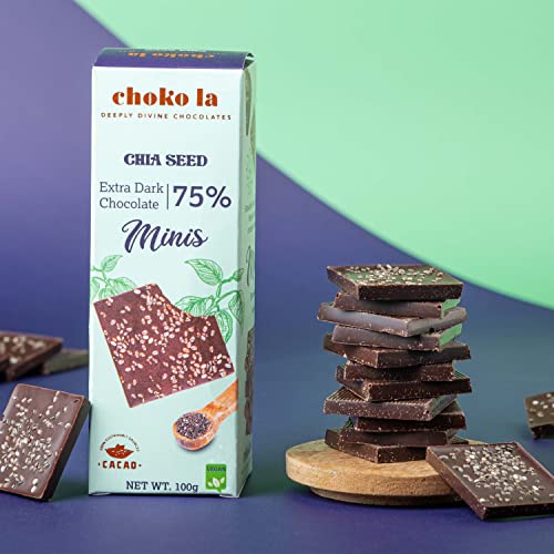 Image of Chokola 75% Dark Chocolate Minis with Chia Seeds - Rich Cocoa, Crunchy & Nutritious Bite-Size Treats, 100g | Gluten-Free & Healthy Snacking