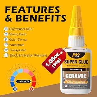 Ceramic Super Glue Liquid, Clear Instant Cyanoacrylate Adhesives for Ceramic Repair Food Safe, All Purpose CA Glue for Shoe Plastic Leather Glass Model Metal Wood Pottery Porcelain Mugs Clay Dishes