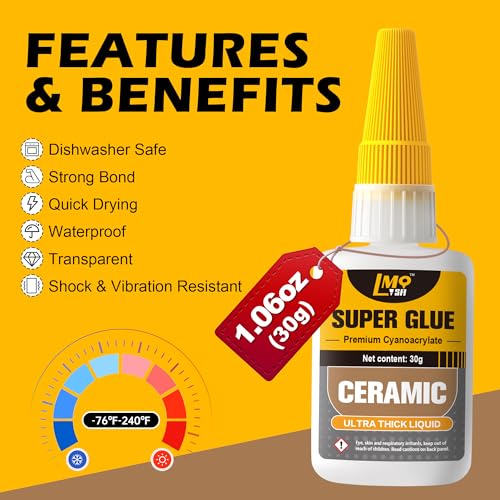 Ceramic Super Glue Liquid, Clear Instant Cyanoacrylate Adhesives for Ceramic Repair Food Safe, All Purpose CA Glue for Shoe Plastic Leather Glass Model Metal Wood Pottery Porcelain Mugs Clay Dishes