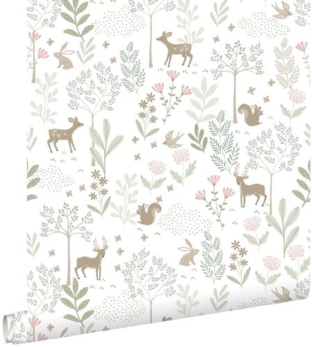 Esta Home papel pintado bosque con animales del bosque verde y rosa 53 cm x 10.05 m