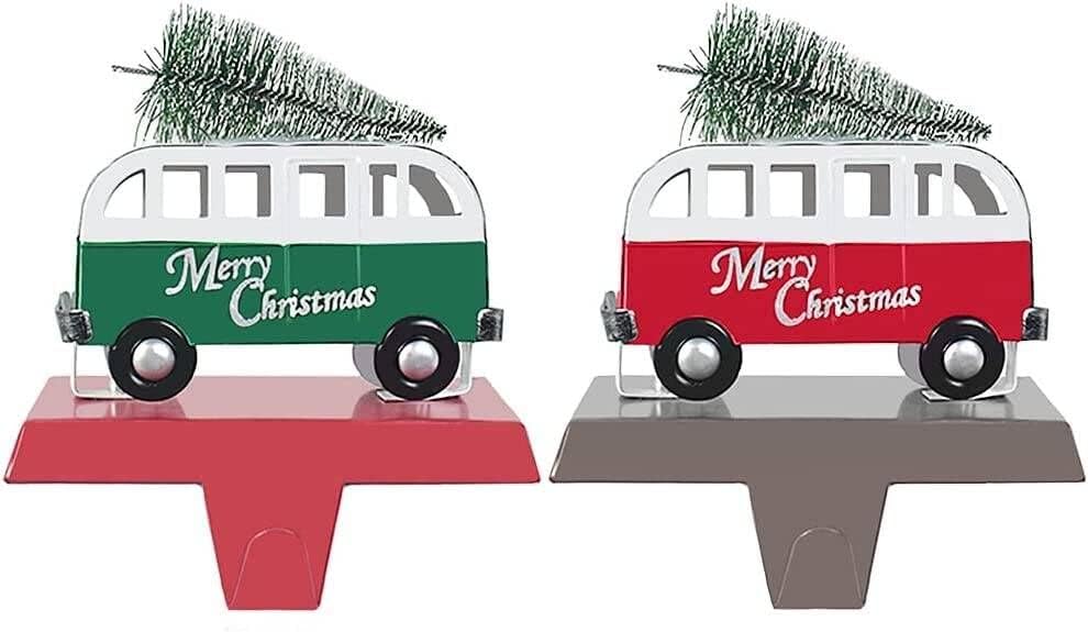 NaTursou Christmas Stocking Holders for Mantel Set of 2, Christmas Van Bus Christmas Stocking Hangers for Fireplace Mantle Holiday Christmas Decorations Christmas Fireplace Holder Decor