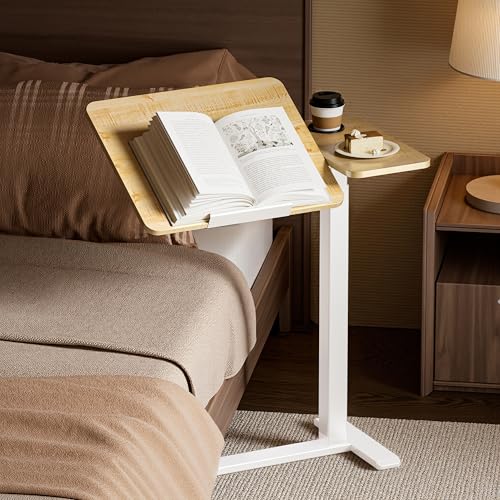 Image of BZIUM Overbed Bedside Table with Hidden Wheels, Adjustable Medical Tilt Top Hospital Bed Table Over The Bed, Rolling Desk Mobile Standing Desk (31.5x15.8, Maple)